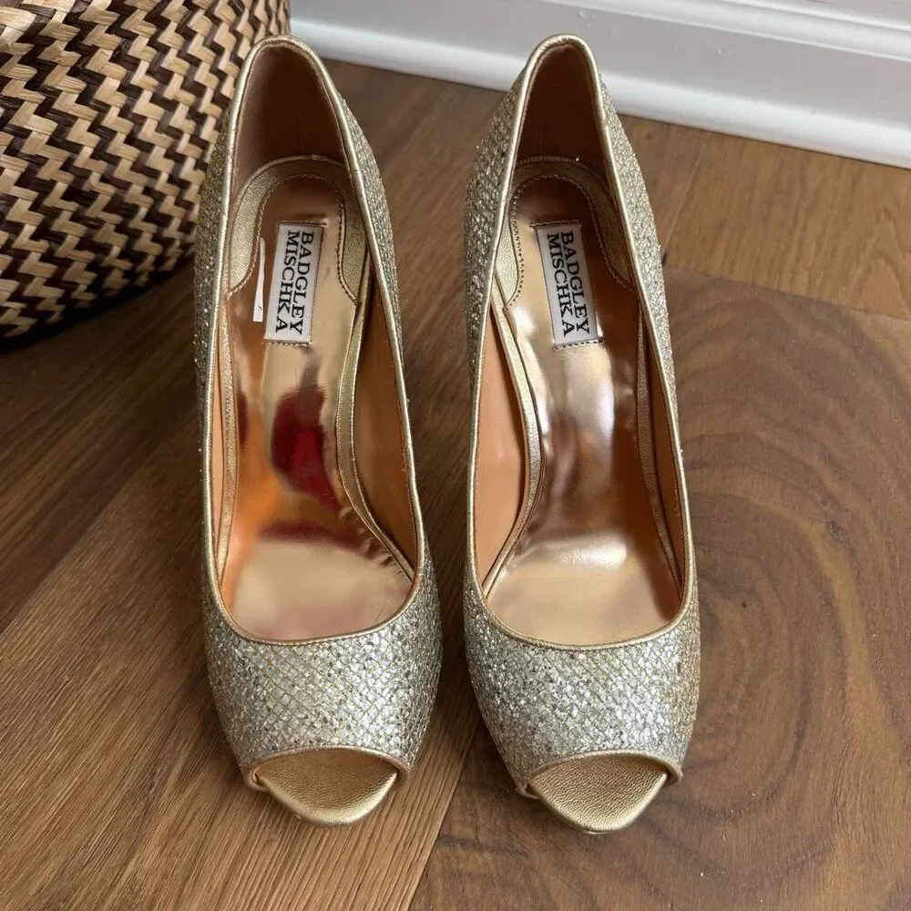 Badgley Mischka Humbie II Glitter Peep Toe Heel Gold Silver 9.5